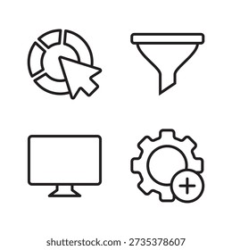 4 icons: Progress chart, sales funnel, monitor, and plus gear.