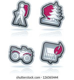 4 icons in relations to summer outdoor activity, pictured here from left to right, top to bottom: Backpacker (hiker, trekker), Forest, Quad bike, Burning match.
