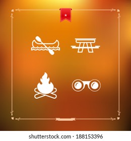 4 icons in relations to summer outdoor activity, pictured here from left to right, top to bottom -  Canoe with paddle, Picnic table, Camp fire, Binoculars. 