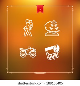 4 icons in relations to summer outdoor activity, pictured here from left to right, top to bottom -  Backpacker (hiker, trekker), Forest, Quad bike, Burning match. 