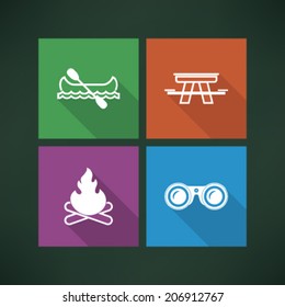 4 icons in relations to summer outdoor activity, pictured here from left to right, top to bottom -  Canoe with paddle, Picnic table, Camp fire, Binoculars. 