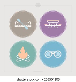 4 icons in relations to summer outdoor activity, pictured here from left to right, top to bottom -  Canoe with paddle, Picnic table, Camp fire, Binoculars. 