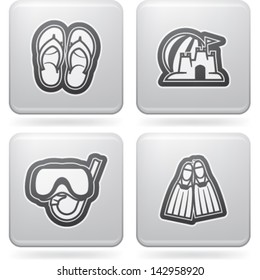 4 icons in relations to summer vacation time, pictured here from left to right, top to bottom: Flip-flops, Sand castle and beach ball, Diving mask and snorkel, Diving flippers.