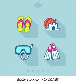 4 icons in relations to summer vacation time, pictured here from left to right, top to bottom: Flip-flops, Sand castle and beach ball, Diving mask and snorkel, Diving flippers. 