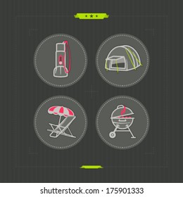 4 icons in relations to summer vacation time, pictured here from left to right, top to bottom: Flashlight, Tent, Sun bed and umbrella, Kettle BBQ. 