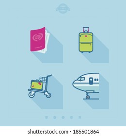 4 icons in relations to summer vacation time, pictured here from left to right, top to bottom - Airplane seat, Hotel, Binoculars, Photo Camera. 