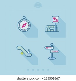 4 icons in relations to summer vacation time, pictured here from left to right, top to bottom -  Compass, Departure, Escalators, Signpost. 