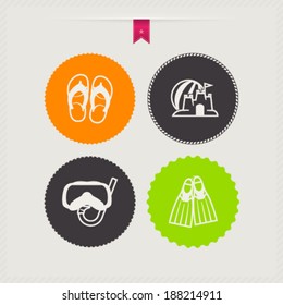 4 icons in relations to summer vacation time, pictured here from left to right, top to bottom - Flip-flops, Sand castle and beach ball, Diving mask and snorkel, Diving flippers. 