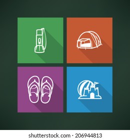 4 icons in relations to summer vacation time, pictured here from left to right, top to bottom - Flashlight, Tent, Flip-flops, Sand castle and beach ball. 