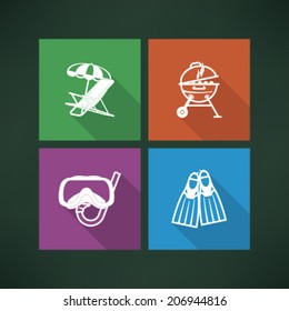 4 icons in relations to summer vacation time, pictured here from left to right, top to bottom - Sun bed and umbrella, Kettle BBQ, Diving mask and snorkel, Diving flippers. 