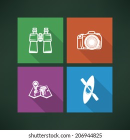 4 icons in relations to summer vacation time, pictured here from left to right, top to bottom - Binoculars, Photo Camera, Map, Kayak. 
