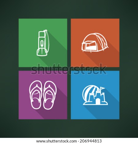 4 icons in relations to summer vacation time, pictured here from left to right, top to bottom - Flashlight, Tent, Flip-flops, Sand castle and beach ball. 
