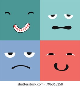 4 icons set faces and characters different in colors.Emoticons vector pattern. Emoji square icons.