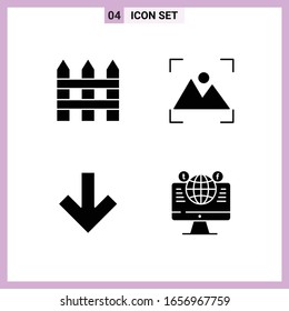 4 iconos en estilo sólido. Símbolos de glifo sobre fondo blanco. Señales de vectores creativos para móviles web e impresión.