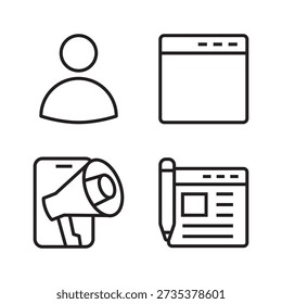 4 Symbole: Benutzerprofil, Webfenster, mobiles Megaphon und Blogwriting.