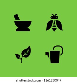 4 icons in vector set. mortar, budding leaves, wasp and watering can illustration for web and graphic design