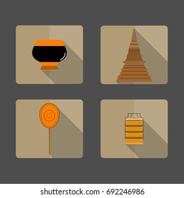 4 icons,pagoda,talipot fan,monk's bowl ,food carrier,Long shadow on brown background