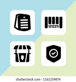 4 identity icons in vector set. stand, shield, bar code and dog tag illustration for web and graphic design