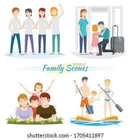 4 illustrations with people flat. Scenes from everyday life. Meeting father at the airport, friendly meeting of men and women, smiles, friendly hugs, family weekends, happy family, sporty family