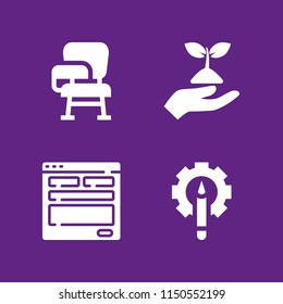 4 image icons in vector set. design, chair, hand holding up a sprout and pencil illustration for web and graphic design