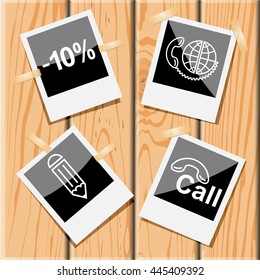 4 Bilder: - 10 %, globale Kommunikation, Hotline, Bleistift. Business Set. Fotorahmen auf Holzschreibtisch. Vektorsymbole.