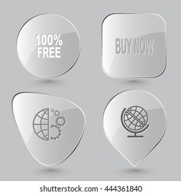 4 images: 100% free, buy now, globe and gears, school globe. Business set. Glass buttons on gray background. Vector icons.