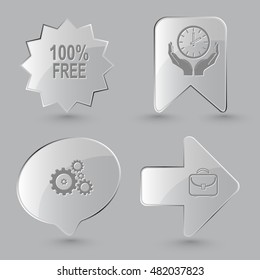 4 images: 100% free, clock in hands, gears, briefcase. Business set. Glass buttons on gray background. Vector icons.