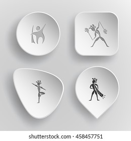 4 images: abstract ethnic little man with fire poi, as yogi, with trumpet. Ethnic set. White concave buttons on gray background. Vector icons.