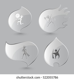 4 images: abstract ethnic little man as shaman, with fire poi, with trumpet. Ethnic set. Glass buttons on gray background. Fire theme. Vector icons.