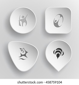 4 images: abstract little man, skydiver, deer, bee. Abstract set. White concave buttons on gray background. Vector icons.