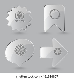 4 images: abstract rose,  snowflake, recycle symbol. Nature set. Glass buttons on gray background. Vector icons.
