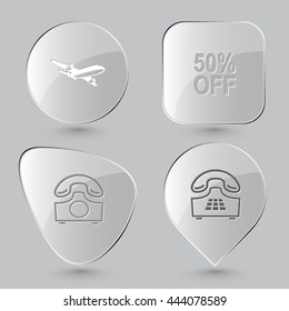 4 images: airliner, 50% OFF, rotary phone, push-button telephone. Business set. Glass buttons on gray background. Vector icons.
