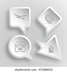 4 images: airliner, globe, push-button telephone, graph degress. Business set. Paper stickers. Vector illustration icons.