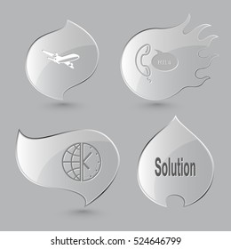 4 images: airliner, support, globe and clock, solution. Business set. Glass buttons on gray background. Fire theme. Vector icons.