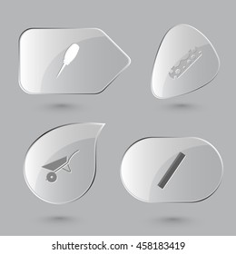 4 images: awl, cycle spanner, wheelbarrow, ruler. Angularly set. Glass buttons on gray background. Vector icons.