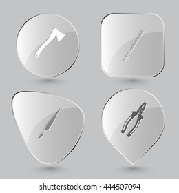 4 images: axe, ruling pen, brush, pliers. Angularly set. Glass buttons on gray background. Vector icons.