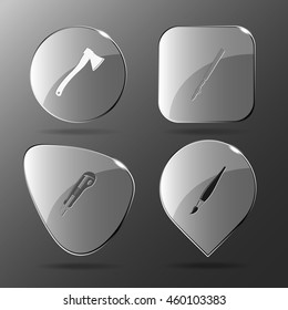 4 images: axe, ruling pen, knife, brush. Angularly set. Glass buttons. Vector illustration icon.