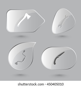4 images: axe, spanner, hand drill, saw. Angularly set. Glass buttons on gray background. Vector icons.