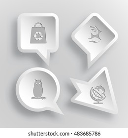 4 images: bag, deer, owl, globe and shamoo. Nature set. Paper stickers. Vector illustration icons.