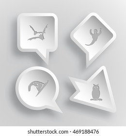 4 images: bats, ghost, astrologer's hat, owl. Mystic signs set. Paper stickers. Vector illustration icons.