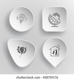 4 images: bee, globe and shamoo, bird, home dog. Animal set. White concave buttons on gray background. Vector icons.