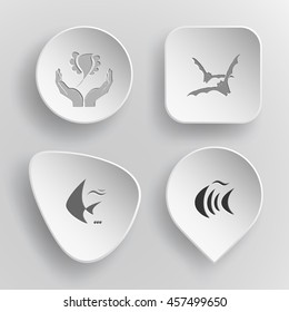 4 images: bird in hands, bats, fish. Animal set. White concave buttons on gray background. Vector icons.