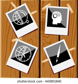 4 imágenes: cepillo, cerebro humano, globo y reloj, lupa. Conjunto de educación. Fotografías sobre un escritorio de madera. Iconos vectores.
