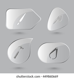 4 images: brush, trowel, hammer, caliper. Angularly set. Glass buttons on gray background. Vector icons.