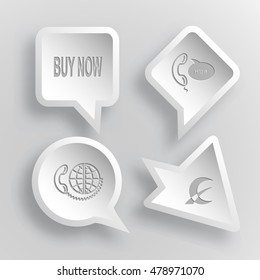 4 images: buy now, support, global communication, monetary sign. Business set. Paper stickers. Vector illustration icons.