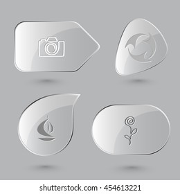 4 images: camera, recycle symbol, ship, flower. Abstract set. Glass buttons on gray background. Vector icons.