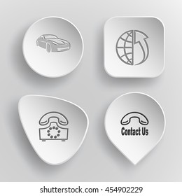 4 images: car, globe and array up, rotary phone, labe "contact us". Business set. White concave buttons on gray background. Vector icons.