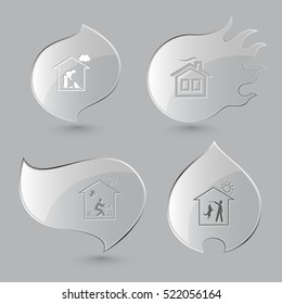 4 images: cat, home inspiration, dog. Home set. Glass buttons on gray background. Fire theme. Vector icons.