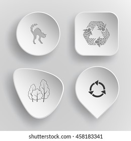 4 images: cat, recycle symbol, trees. Nature set. White concave buttons on gray background. Vector icons.