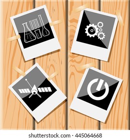 4 images: chemical test tubes, gears, switch element, spaceship. Tehnology set. Photo frames on wooden desk. Vector icons.